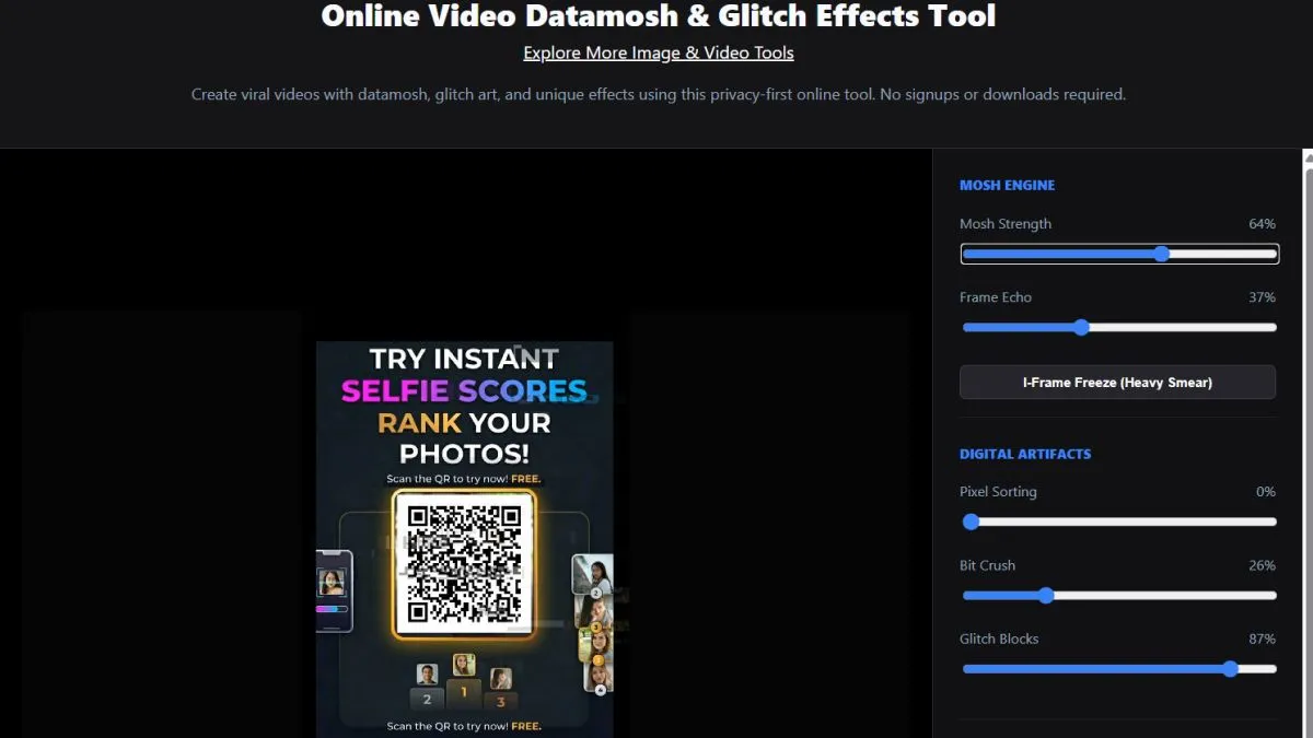 OnlineToolsX Video Datamosh and Pixel Sorting Interface Canvas